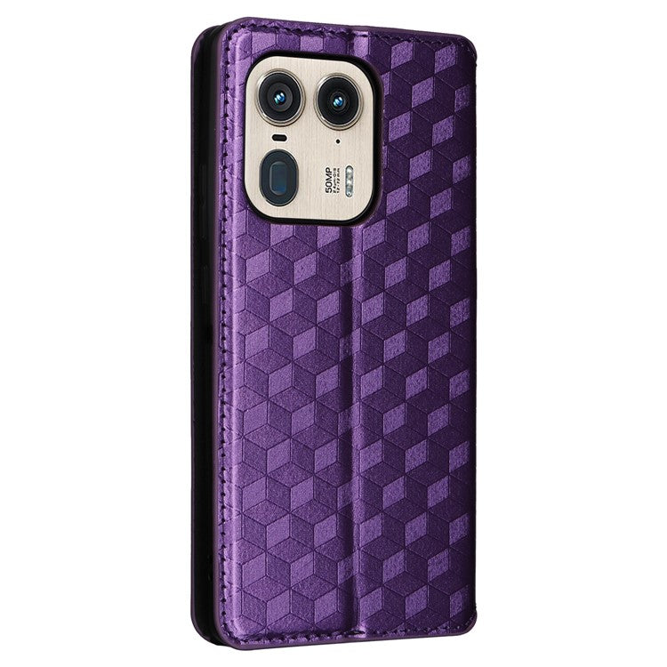 For Motorola Edge 50 Ultra 5G / Moto X50 Ultra 5G Magnetic Phone Case Rhombus Imprinted Wallet Card Holder Cover - Purple