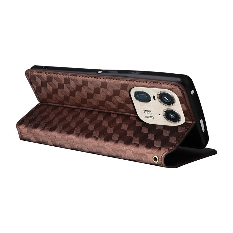 For Motorola Edge 50 Ultra 5G / Moto X50 Ultra 5G Magnetic Phone Case Rhombus Imprinted Wallet Card Holder Cover - Brown