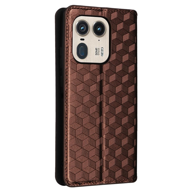 For Motorola Edge 50 Ultra 5G / Moto X50 Ultra 5G Magnetic Phone Case Rhombus Imprinted Wallet Card Holder Cover - Brown