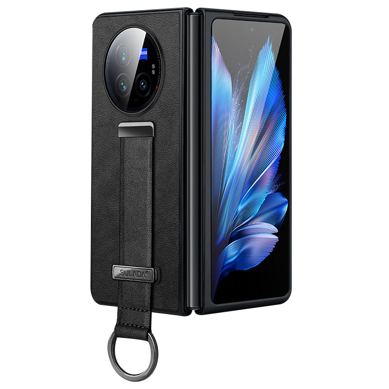 SULADA Fashion Series for vivo X Fold3 Pro Case Wristband PU Leather Crazy Horse Texture Back Cover - Black