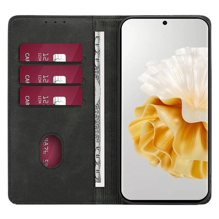 For Huawei Pura 70 Case Calf Texture Leather Magnetic Clasp Wallet Phone Cover - Black