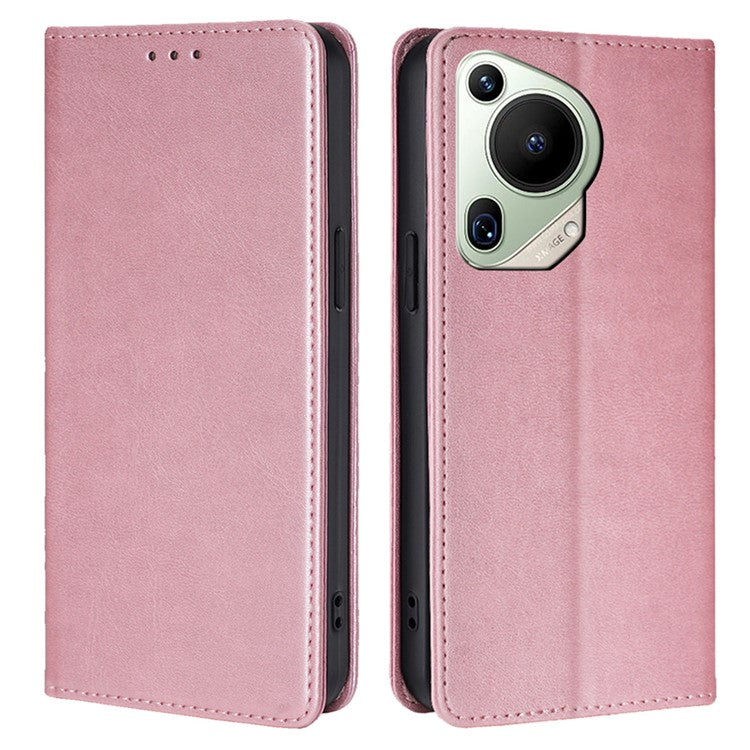 For Huawei Pura 70 Ultra Case PU Leather Calf Texture Strong Magnetic Suction Phone Cover - Rose Gold