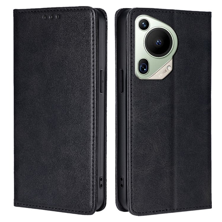For Huawei Pura 70 Ultra Case PU Leather Calf Texture Strong Magnetic Suction Phone Cover - Black