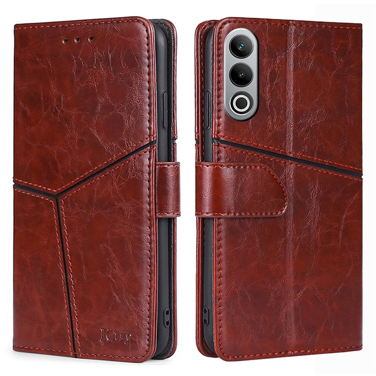 For OnePlus Nord CE4 5G Phone Case Geometric Splicing Leather Wallet Cover - Dark Brown
