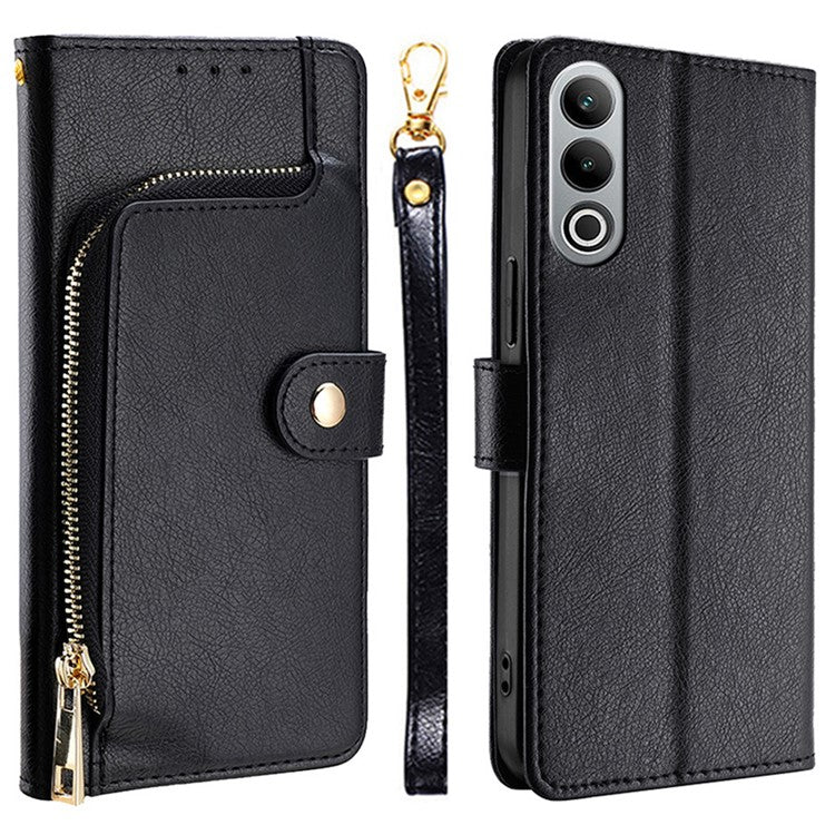 For OnePlus Nord CE4 5G Case PU Leather Folding Stand Phone Cover Zipper Wallet Purse - Black