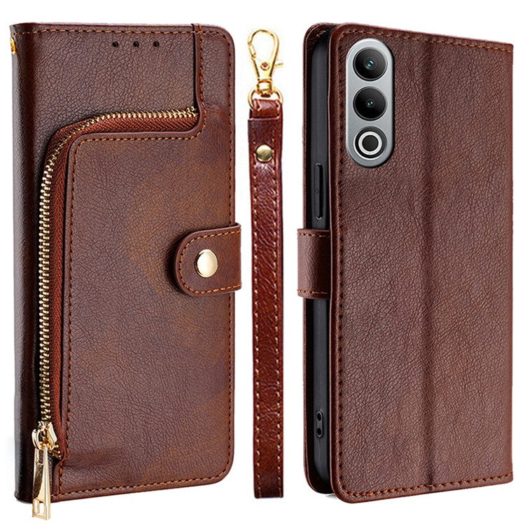 For OnePlus Nord CE4 5G Case PU Leather Folding Stand Phone Cover Zipper Wallet Purse - Brown