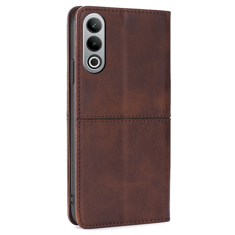 For OnePlus Nord CE4 5G Case Cowhide Texture PU Leather Magnetic Auto Closed Phone Cover - Dark Brown
