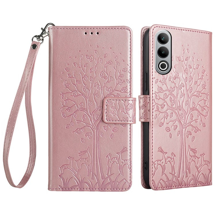 For OnePlus Nord CE4 5G Case PU Leather Stand Bookstyle Phone Cover Deer Tree Imprinted - Rose Gold