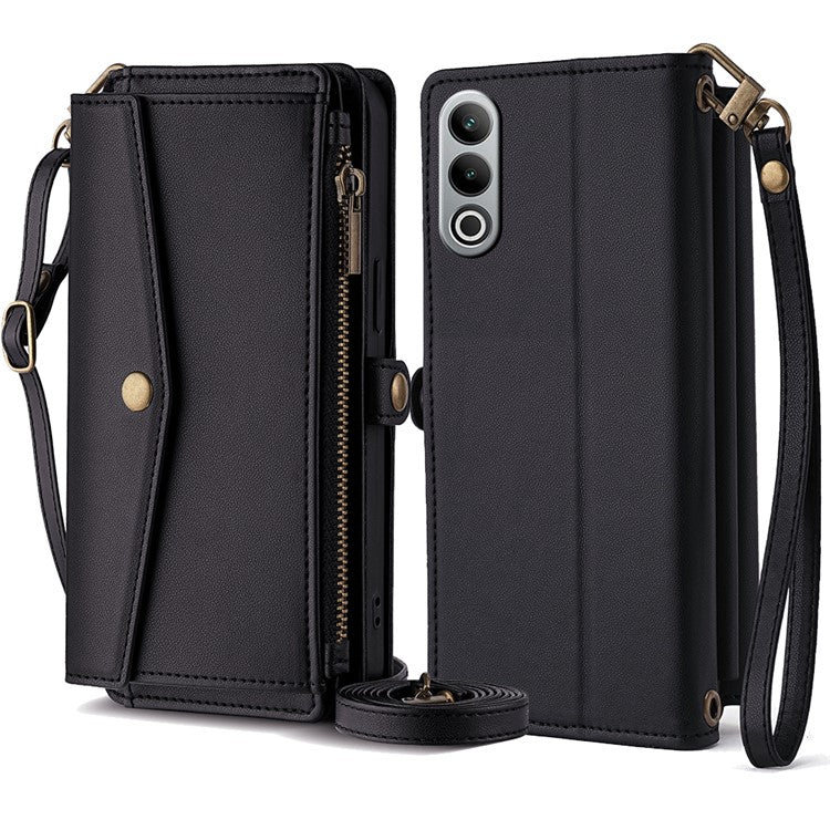 For OnePlus Nord CE4 5G Case Zipper Wallet Stand Leather Phone Cover with Adjustable Lanyard - Black