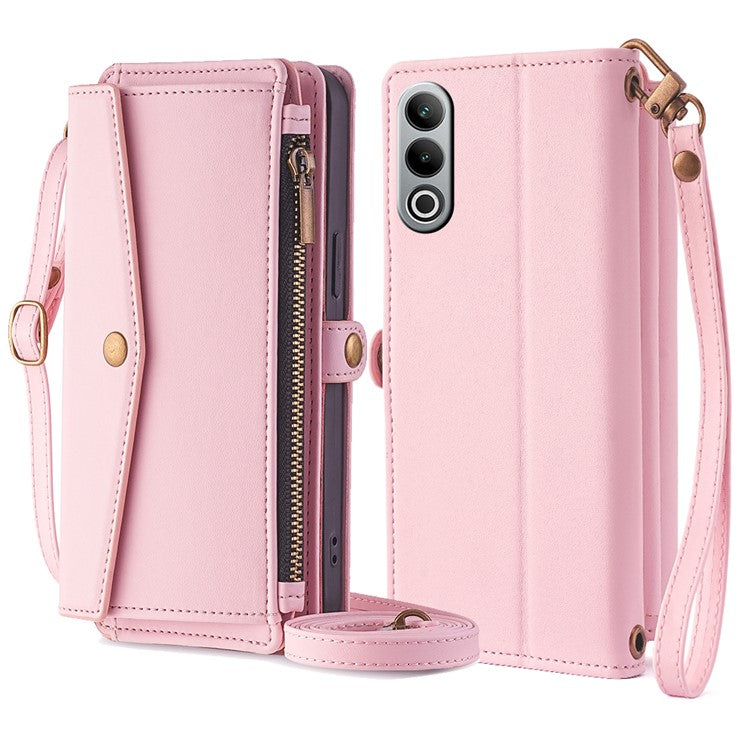 For OnePlus Nord CE4 5G Case Zipper Wallet Stand Leather Phone Cover with Adjustable Lanyard - Pink