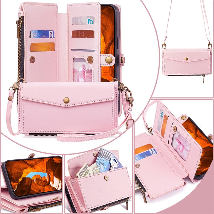 For OnePlus Nord CE4 5G Case Zipper Wallet Stand Leather Phone Cover with Adjustable Lanyard - Pink