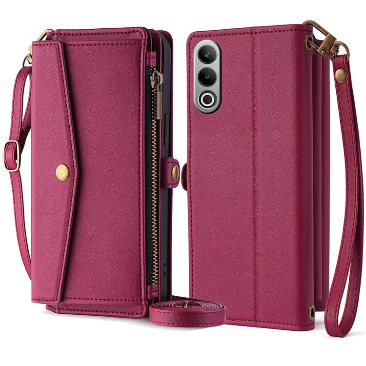 For OnePlus Nord CE4 5G Case Zipper Wallet Stand Leather Phone Cover with Adjustable Lanyard - Red