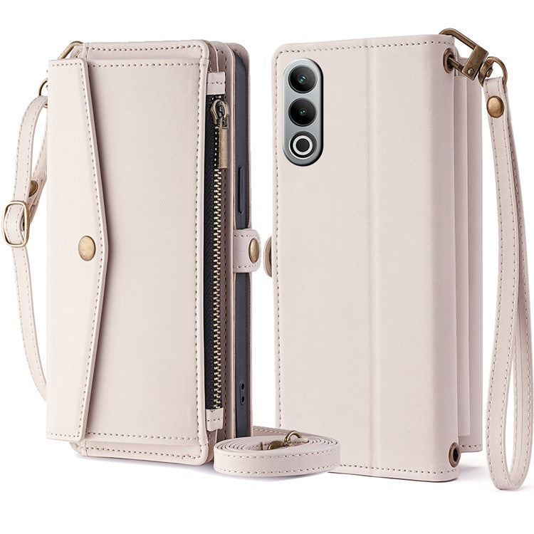 For OnePlus Nord CE4 5G Case Zipper Wallet Stand Leather Phone Cover with Adjustable Lanyard - White