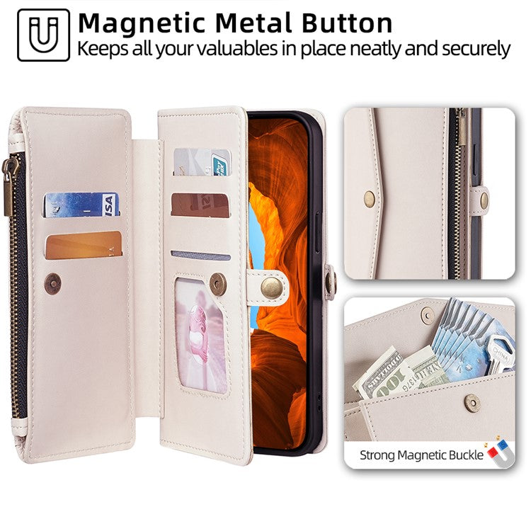 For OnePlus Nord CE4 5G Case Zipper Wallet Stand Leather Phone Cover with Adjustable Lanyard - White