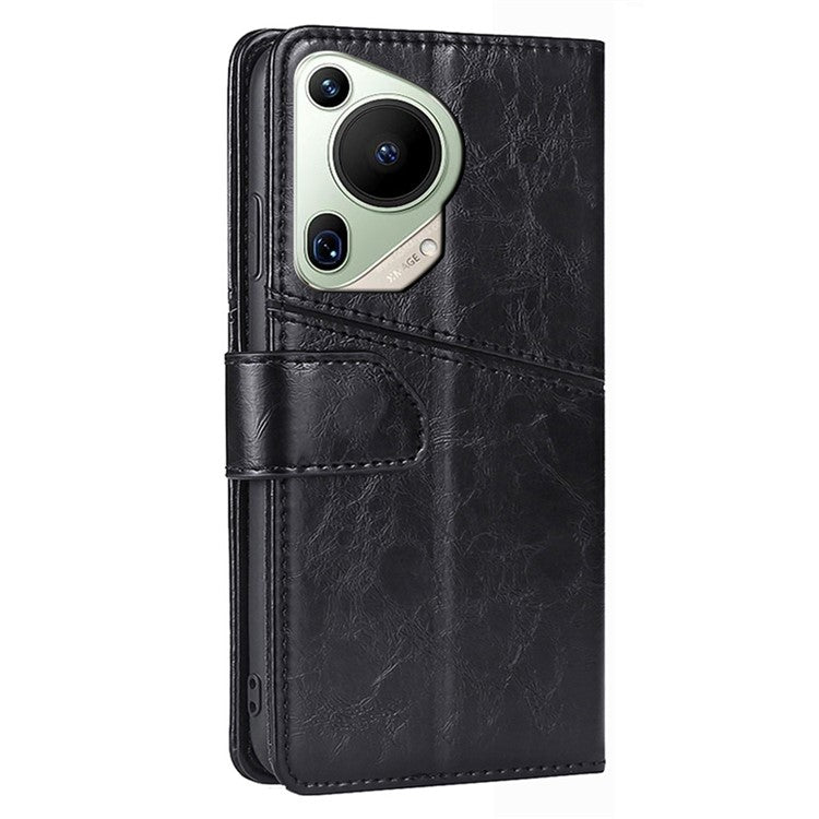 For Huawei Pura 70 Ultra Case PU Leather Bookstyle Folding Stand Geometric Splicing Phone Cover - Black