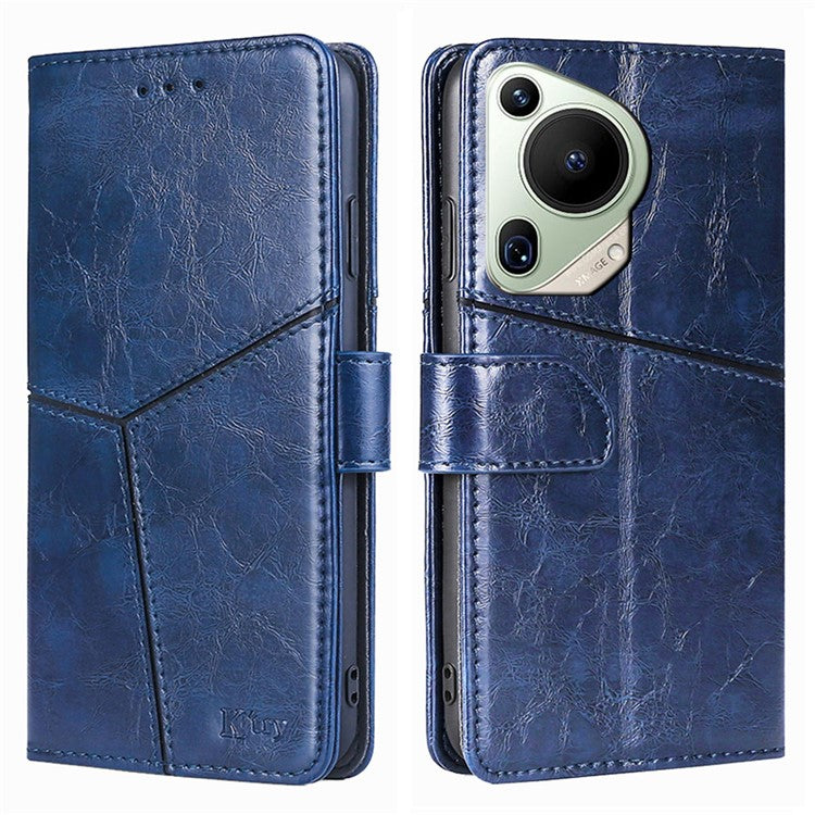 For Huawei Pura 70 Ultra Case PU Leather Bookstyle Folding Stand Geometric Splicing Phone Cover - Blue