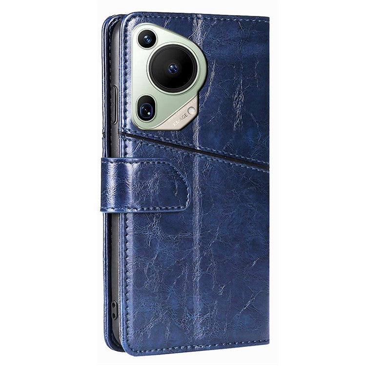 For Huawei Pura 70 Ultra Case PU Leather Bookstyle Folding Stand Geometric Splicing Phone Cover - Blue