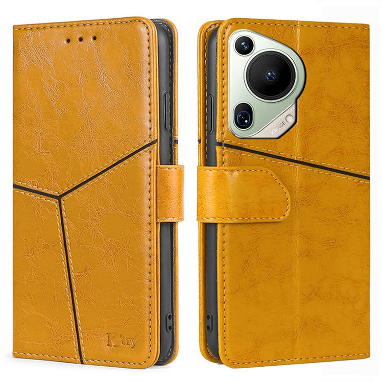 For Huawei Pura 70 Ultra Case PU Leather Bookstyle Folding Stand Geometric Splicing Phone Cover - Yellow