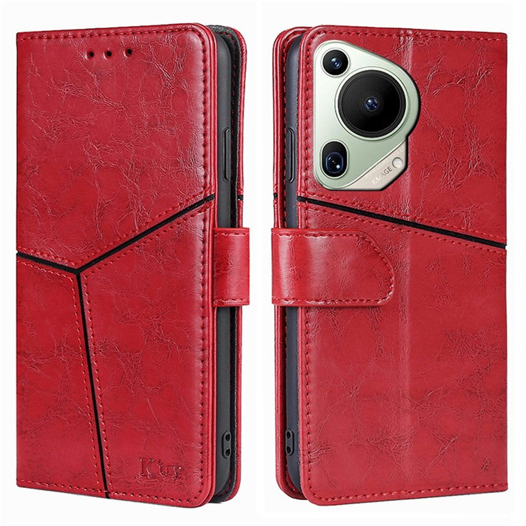 For Huawei Pura 70 Ultra Case PU Leather Bookstyle Folding Stand Geometric Splicing Phone Cover - Red