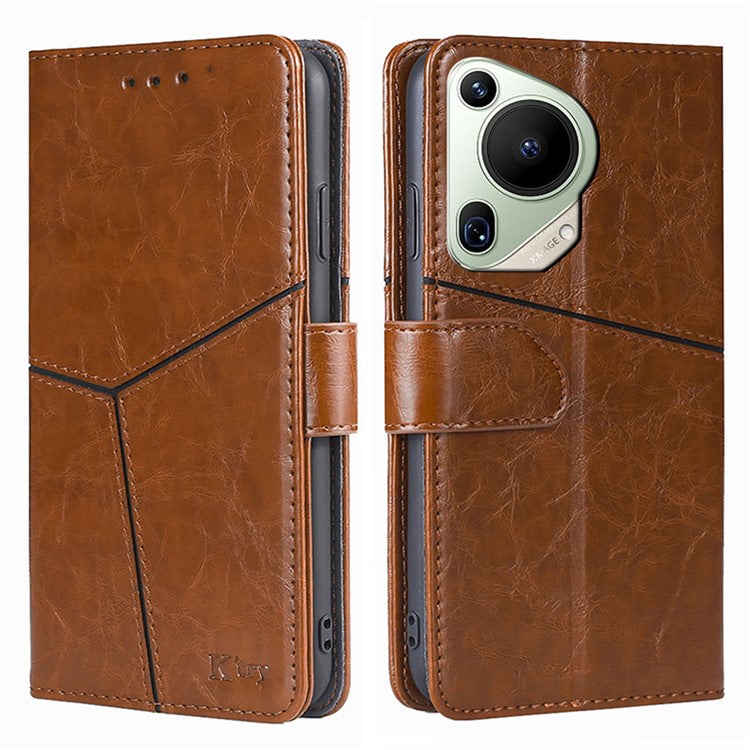 For Huawei Pura 70 Ultra Case PU Leather Bookstyle Folding Stand Geometric Splicing Phone Cover - Light Brown