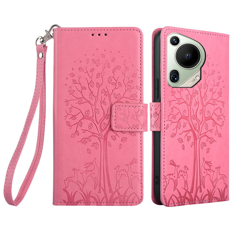 For Huawei Pura 70 Ultra Case PU Leather Wallet Stand Floral Phone Cover with Hand Strap - Pink