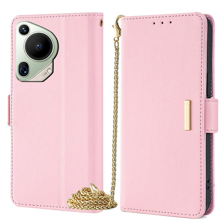 For Huawei Pura 70 Ultra Case Card Slots PU Leather Phone Cover with Straps - Pink