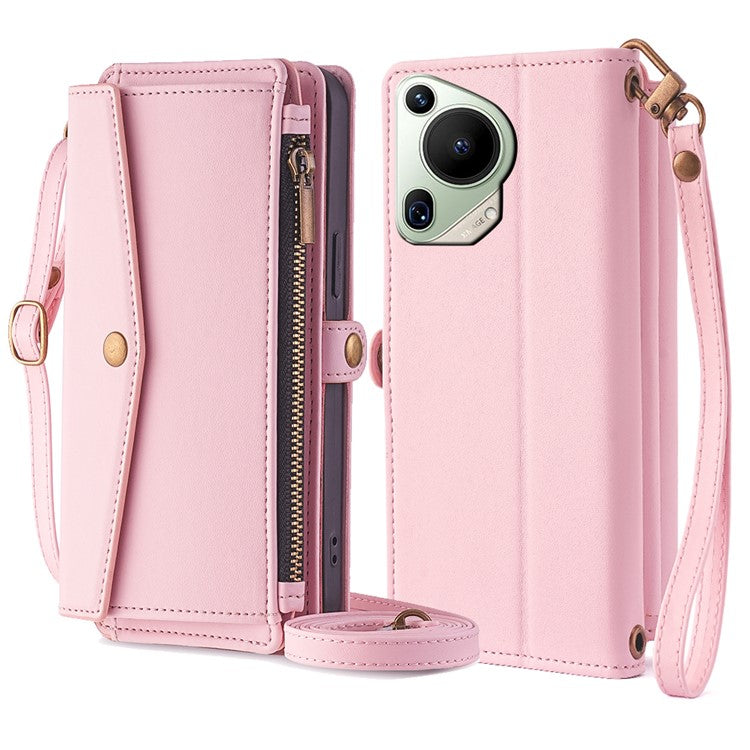 For Huawei Pura 70 Ultra Cell Phone Case Zipper Pocket Leather Wallet Stand Cover with 2 Straps - Pink