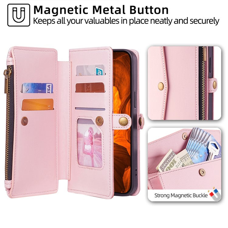 For Huawei Pura 70 Ultra Cell Phone Case Zipper Pocket Leather Wallet Stand Cover with 2 Straps - Pink
