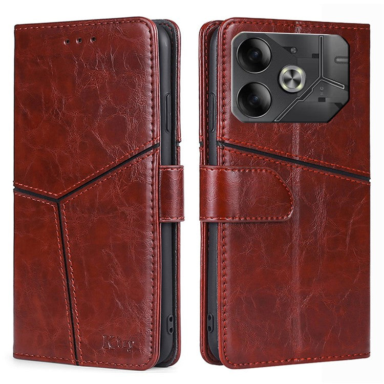 For TECNO Pova 6 5G Wallet Case Geometric Splicing Leather Stand Phone Cover - Dark Brown