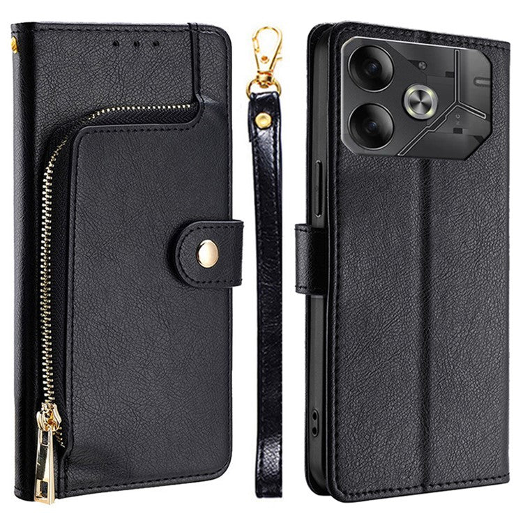 For TECNO Pova 6 5G Case Shockproof Magnetic Clasp Leather Phone Shell with Zipper Pocket - Black