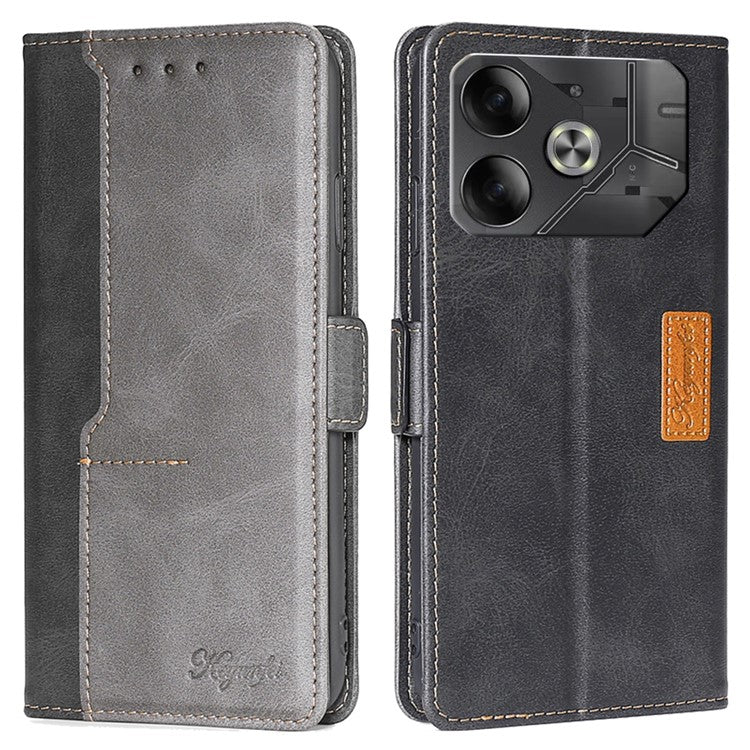For TECNO Pova 6 5G Leather Wallet Dual Color Splicing Case Phone Cover - Black+Grey