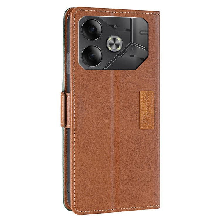 For TECNO Pova 6 5G Leather Wallet Dual Color Splicing Case Phone Cover - Light Brown+Green