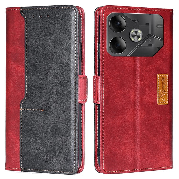 For TECNO Pova 6 5G Leather Wallet Dual Color Splicing Case Phone Cover - Black+Red