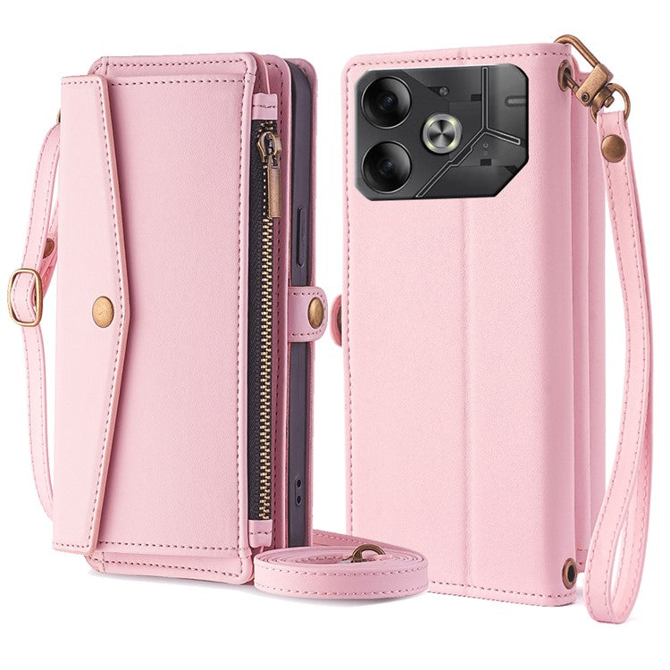 For TECNO Pova 6 5G Mobile Phone Case Card Holder Zipper Wallet Leather Cover with 2 Straps - Pink