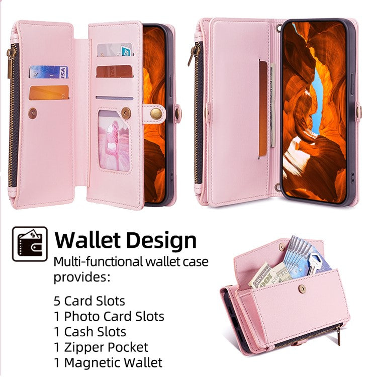 For TECNO Pova 6 5G Mobile Phone Case Card Holder Zipper Wallet Leather Cover with 2 Straps - Pink