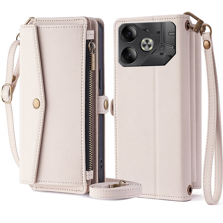 For TECNO Pova 6 5G Mobile Phone Case Card Holder Zipper Wallet Leather Cover with 2 Straps - White