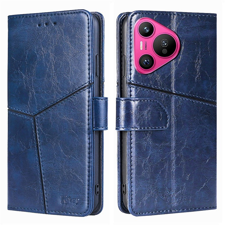For Huawei Pura 70 Leather Case Geometric Splicing Phone Cover with Wallet Card Slots - Blue
