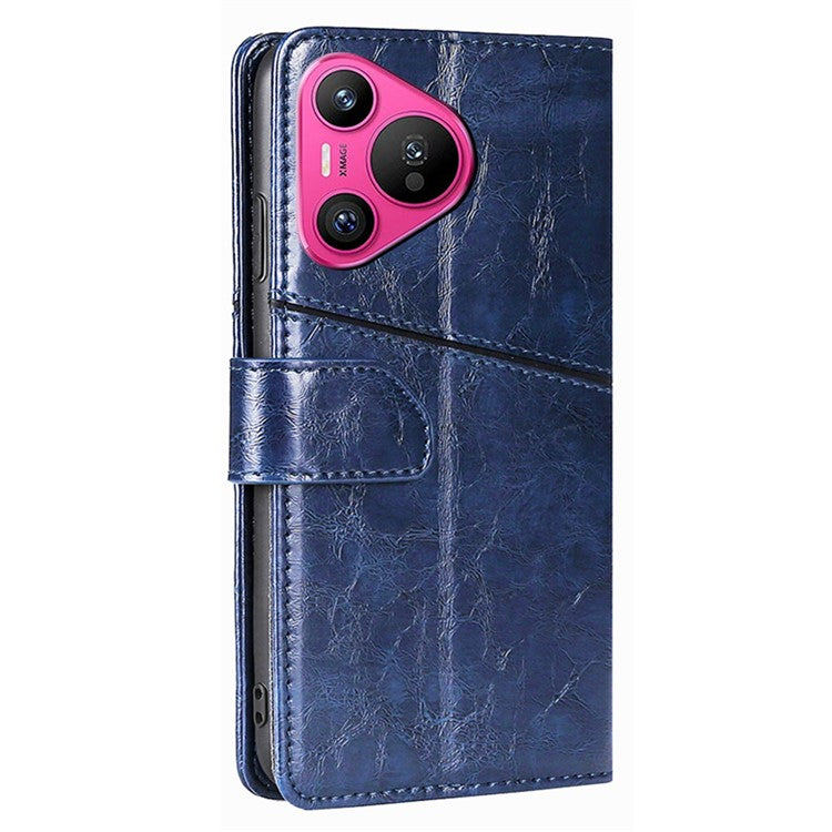 For Huawei Pura 70 Leather Case Geometric Splicing Phone Cover with Wallet Card Slots - Blue