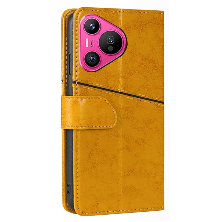 For Huawei Pura 70 Leather Case Geometric Splicing Phone Cover with Wallet Card Slots - Yellow
