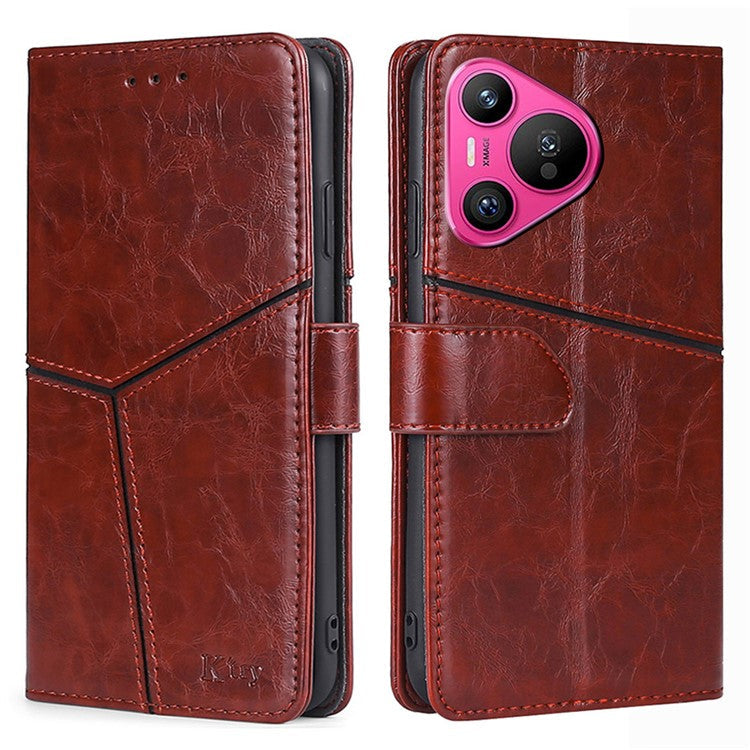 For Huawei Pura 70 Leather Case Geometric Splicing Phone Cover with Wallet Card Slots - Dark Brown