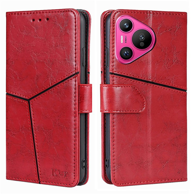 For Huawei Pura 70 Leather Case Geometric Splicing Phone Cover with Wallet Card Slots - Red