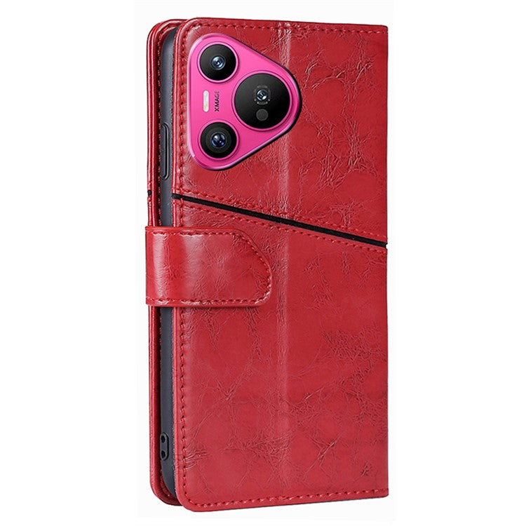 For Huawei Pura 70 Leather Case Geometric Splicing Phone Cover with Wallet Card Slots - Red