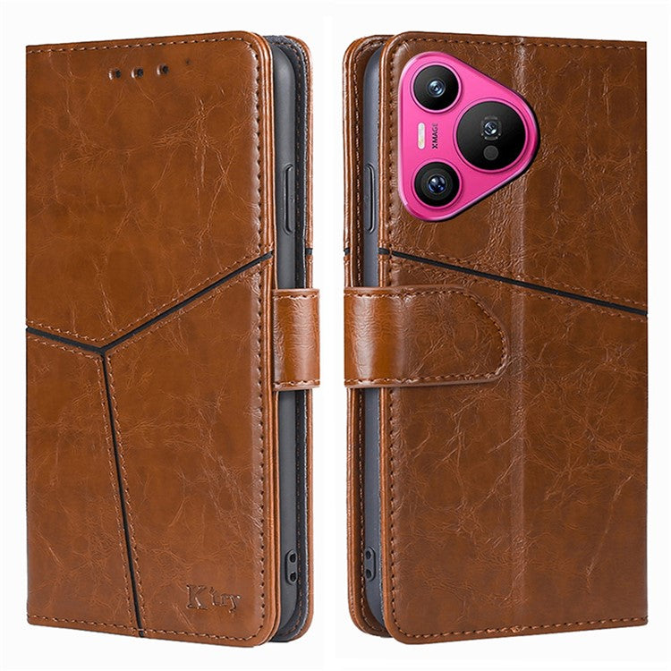 For Huawei Pura 70 Leather Case Geometric Splicing Phone Cover with Wallet Card Slots - Light Brown