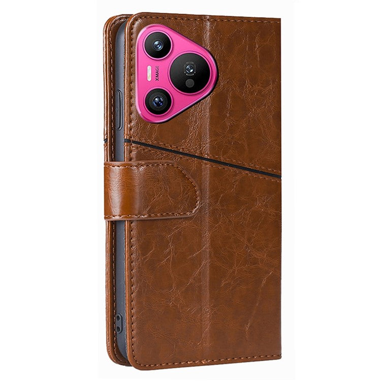 For Huawei Pura 70 Leather Case Geometric Splicing Phone Cover with Wallet Card Slots - Light Brown