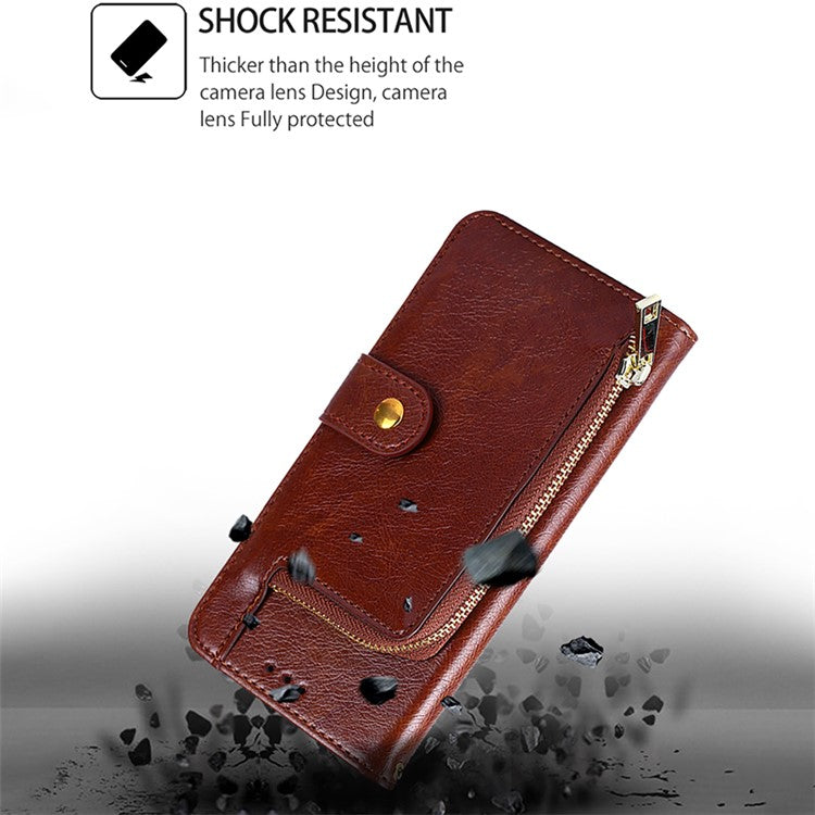 For Huawei Pura 70 Case Zipper Pocket Magnetic Clasp Leather Cell Phone Cover - Brown