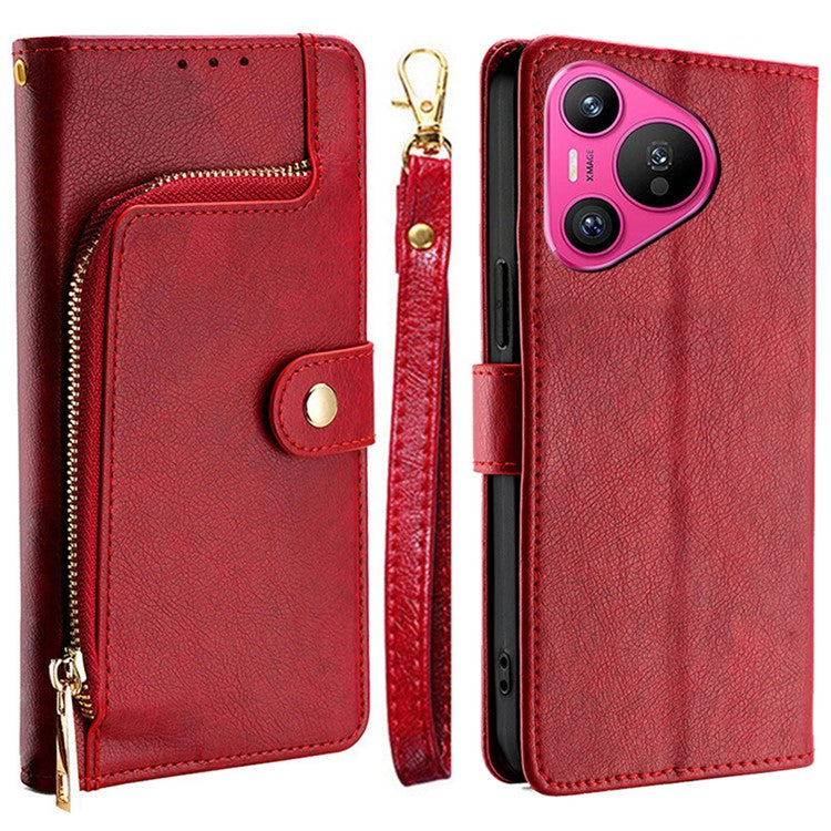 For Huawei Pura 70 Case Zipper Pocket Magnetic Clasp Leather Cell Phone Cover - Red
