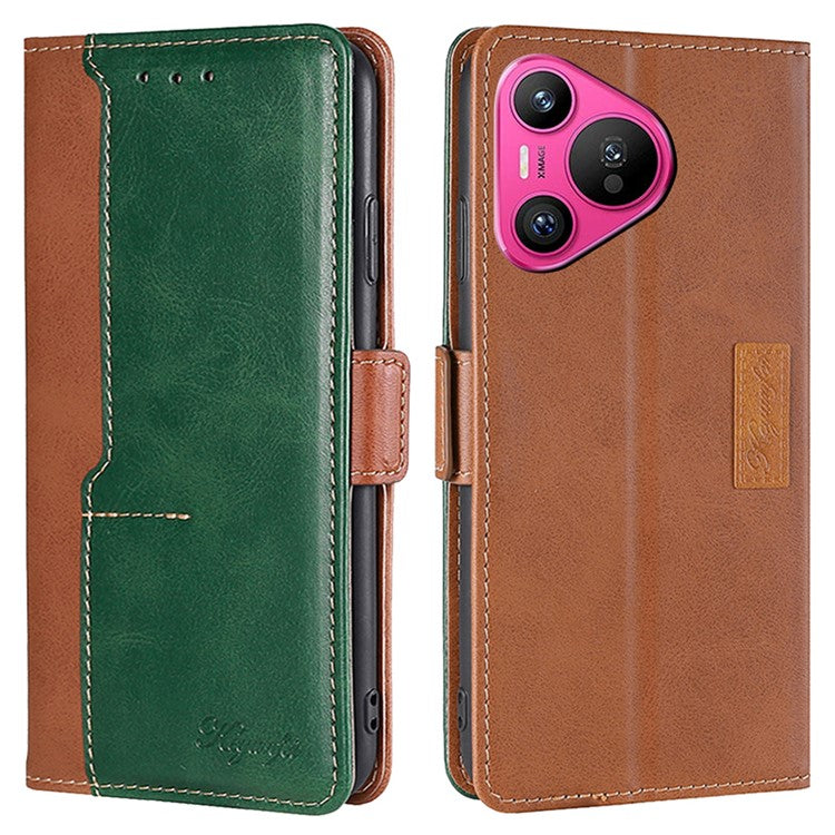 For Huawei Pura 70 Wholesale Phone Case PU Leather Wallet Dual Color Splicing Case Phone Cover - Light Brown+Green