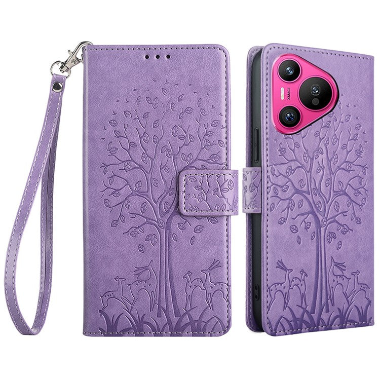 For Huawei Pura 70 Case PU Leather Wallet Phone Cover Tree Deer Imprinted - Purple