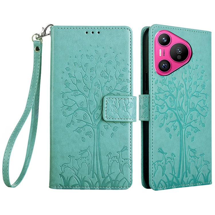 For Huawei Pura 70 Case PU Leather Wallet Phone Cover Tree Deer Imprinted - Green