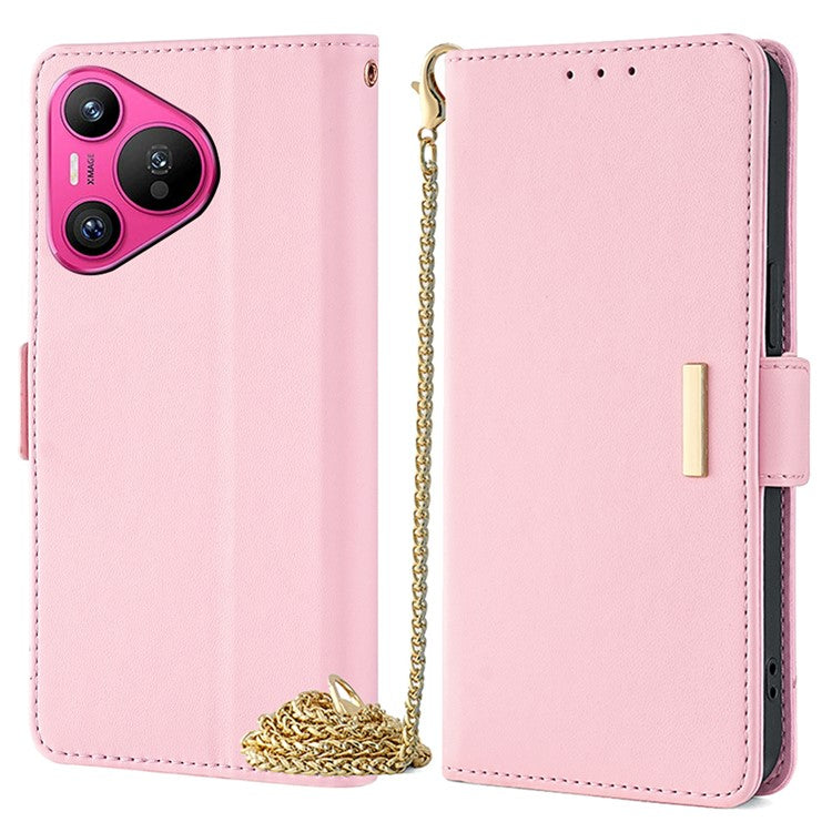 For Huawei Pura 70 Case PU Leather Wallet Stand Phone Cover with Crossbody Shoulder Strap - Pink